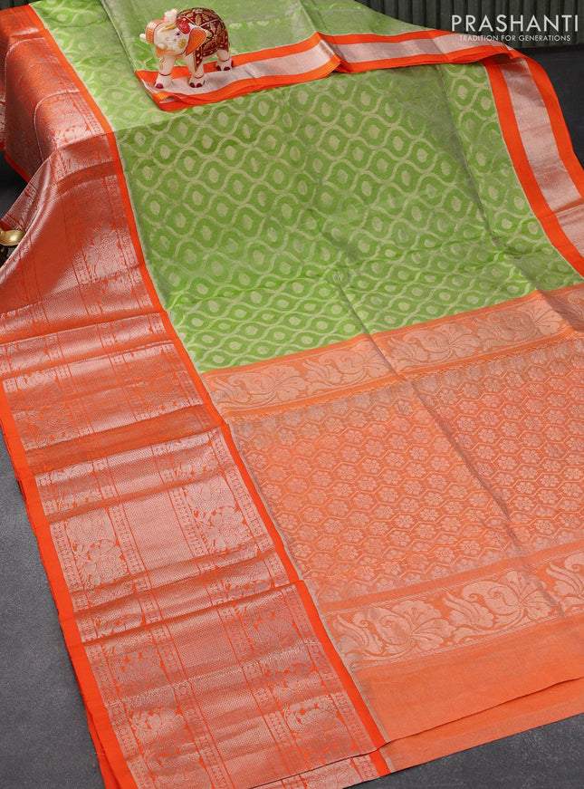 Kuppadam tissue silk cotton saree light green and orange with allover silver zari weaves and long rich silver zari woven border - {{ collection.title }} by Prashanti Sarees