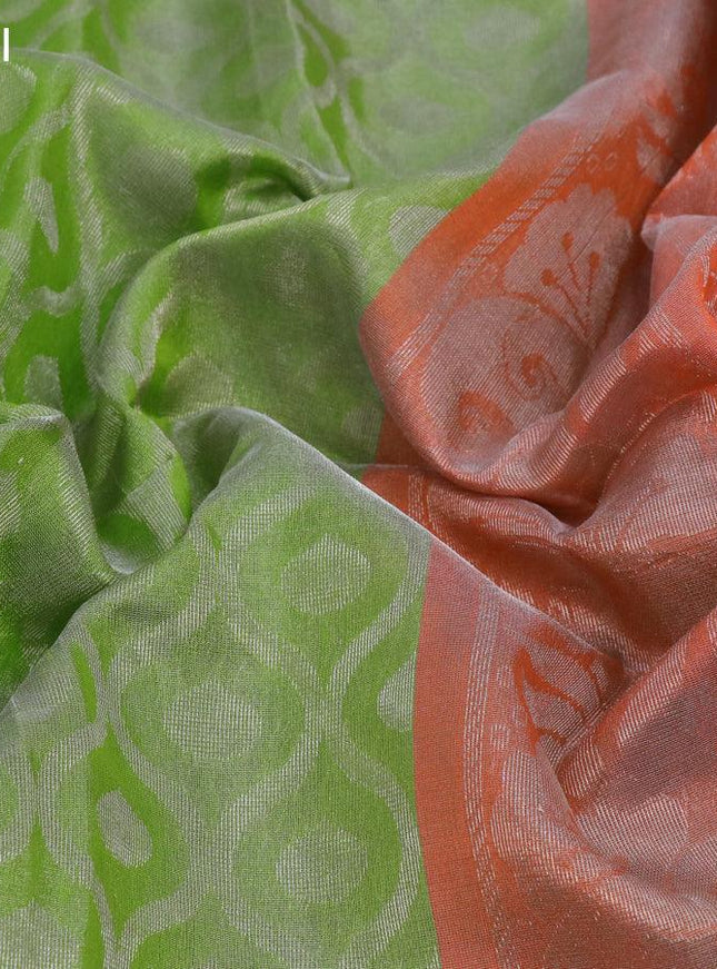 Kuppadam tissue silk cotton saree light green and orange with allover silver zari weaves and long rich silver zari woven border - {{ collection.title }} by Prashanti Sarees