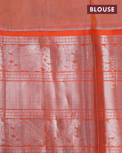 Kuppadam tissue silk cotton saree light green and orange with allover silver zari weaves and long rich silver zari woven border - {{ collection.title }} by Prashanti Sarees