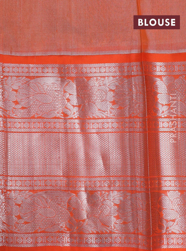 Kuppadam tissue silk cotton saree light green and orange with allover silver zari weaves and long rich silver zari woven border - {{ collection.title }} by Prashanti Sarees