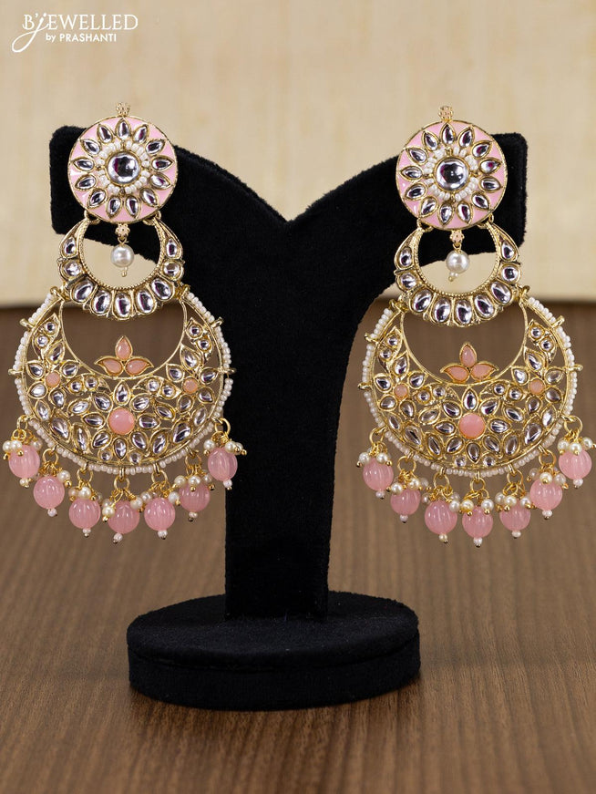 Light weight baby pink chandbali earring with kundan stones and pearl maatal - {{ collection.title }} by Prashanti Sarees
