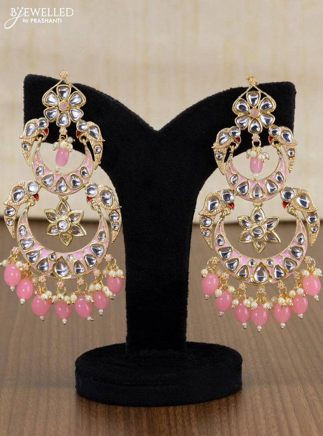 Light weight chandbali baby pink minakari earrings with pearl maatal - {{ collection.title }} by Prashanti Sarees