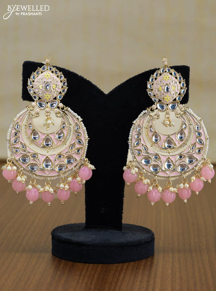 Light weight chandbali baby pink minakari earrings with pearl maatal - {{ collection.title }} by Prashanti Sarees