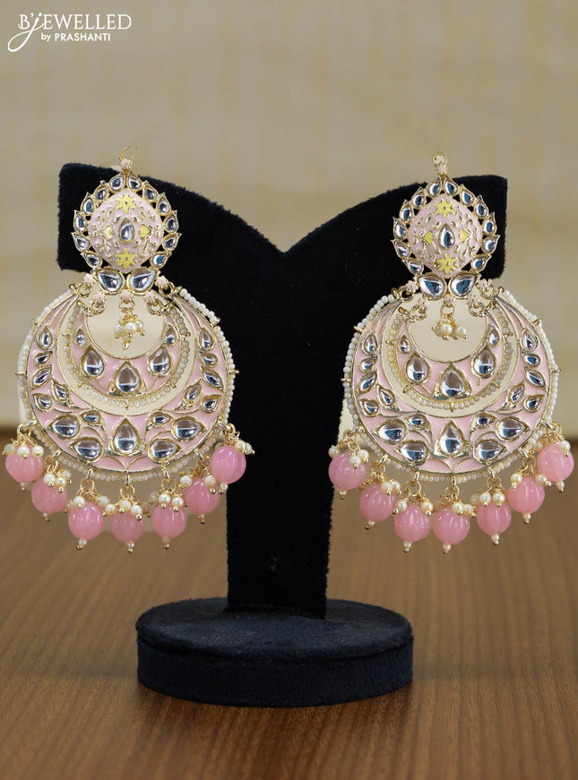Light weight chandbali baby pink minakari earrings with pearl maatal - {{ collection.title }} by Prashanti Sarees