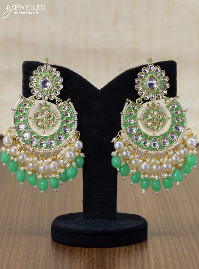 Light weight chandbali mint green minakari earrings with pearl maatal - {{ collection.title }} by Prashanti Sarees