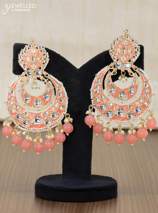Light weight chandbali peach pink minakari earrings with pearl maatal - {{ collection.title }} by Prashanti Sarees