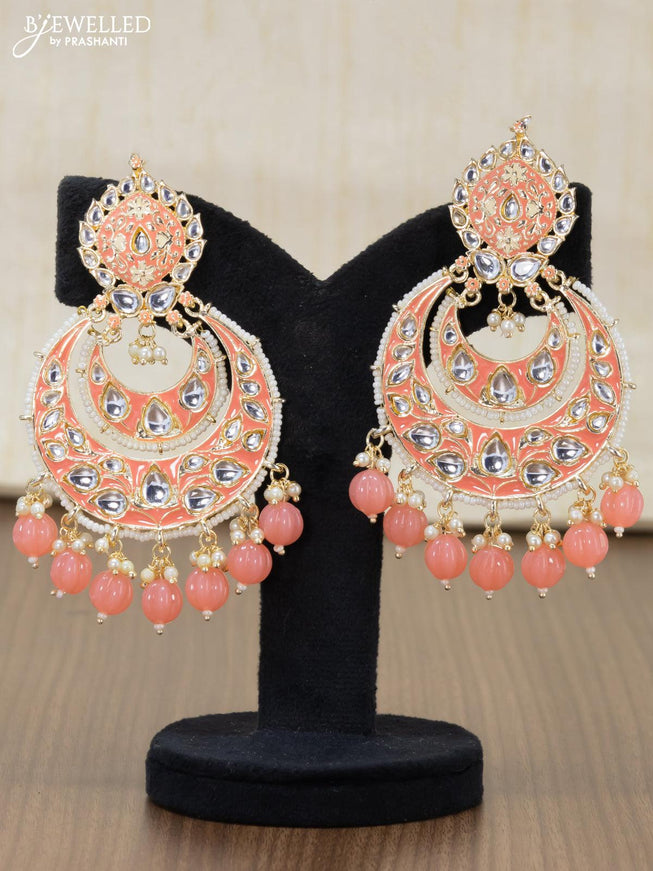 Light weight chandbali peach pink minakari earrings with pearl maatal - {{ collection.title }} by Prashanti Sarees