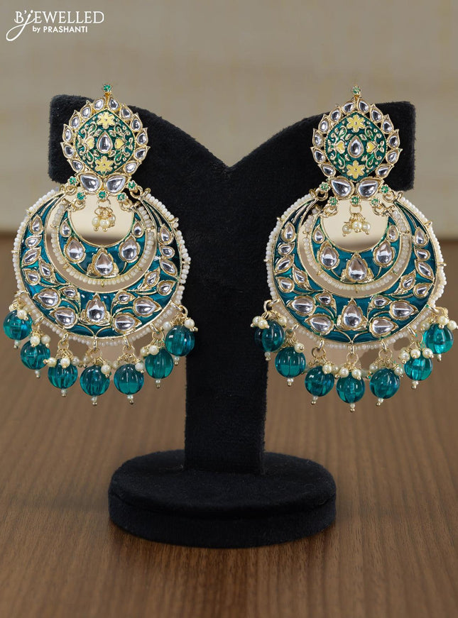 Light weight chandbali peacock green minakari earrings with pearl maatal - {{ collection.title }} by Prashanti Sarees