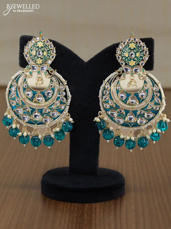 Light weight chandbali peacock green minakari earrings with pearl maatal - {{ collection.title }} by Prashanti Sarees