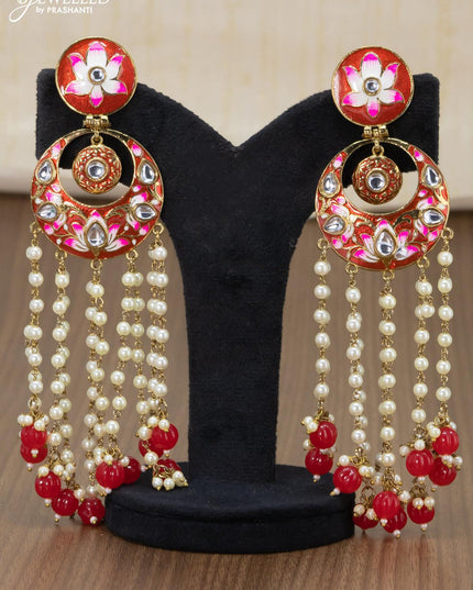 Light weight chandbali red minakari earrings with pearl and beads hangings - {{ collection.title }} by Prashanti Sarees