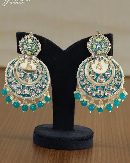 Light weight chandbali teal green minakari earrings with pearl maatal - {{ collection.title }} by Prashanti Sarees