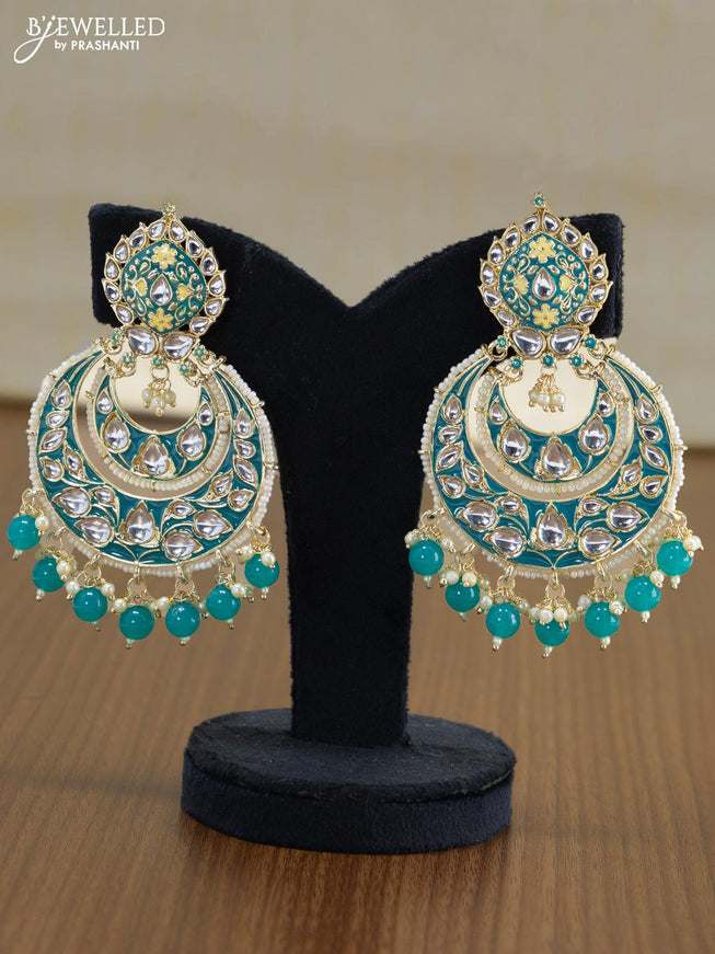 Light weight chandbali teal green minakari earrings with pearl maatal - {{ collection.title }} by Prashanti Sarees