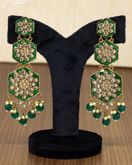 Light weight earring green with kundan stones and monalisa beads hanging - {{ collection.title }} by Prashanti Sarees