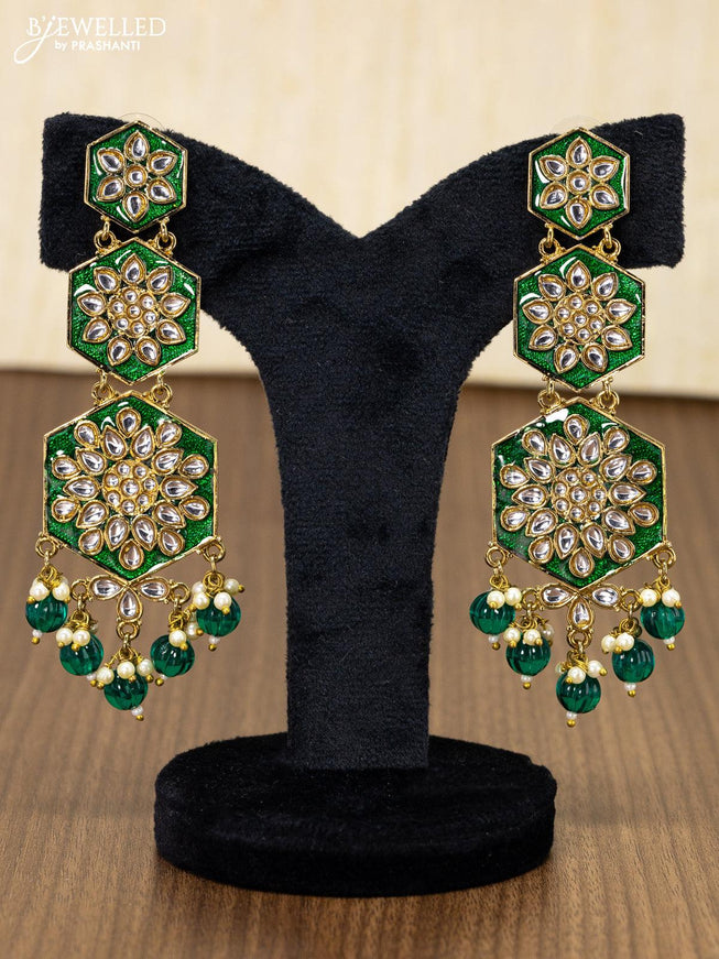 Light weight earring green with kundan stones and monalisa beads hanging - {{ collection.title }} by Prashanti Sarees