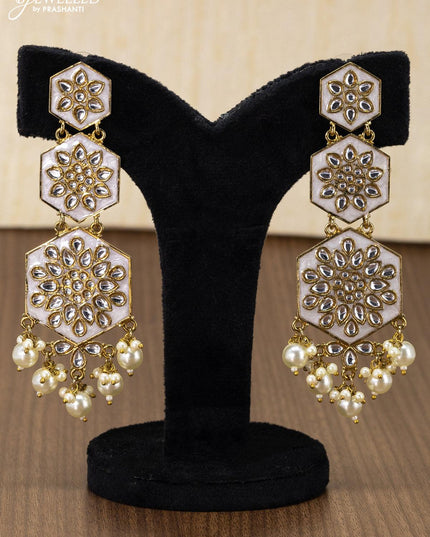 Light weight earring off white with kundan stones and monalisa beads hanging - {{ collection.title }} by Prashanti Sarees