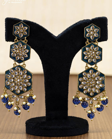 Light weight earring peacock blue with kundan stones and monalisa beads hanging - {{ collection.title }} by Prashanti Sarees