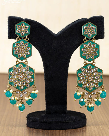 Light weight earring teal blue with kundan stones and monalisa beads hanging - {{ collection.title }} by Prashanti Sarees