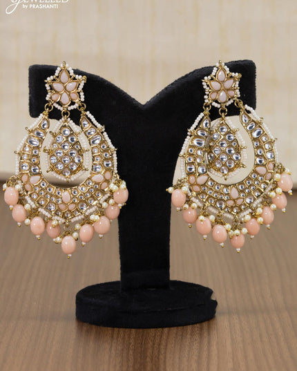 Light weight earrings peach and kundan stone with beads hangings - {{ collection.title }} by Prashanti Sarees