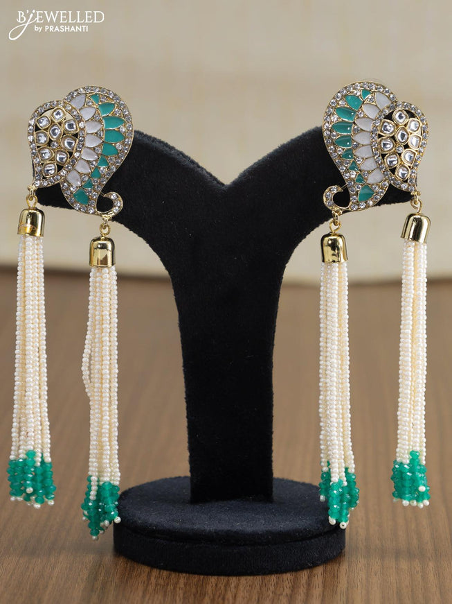 Light weight earrings teal green and cz stone with pearl hangings - {{ collection.title }} by Prashanti Sarees