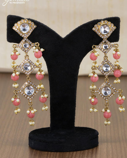 Light weight earrings with cz stone and peach beads hangings - {{ collection.title }} by Prashanti Sarees