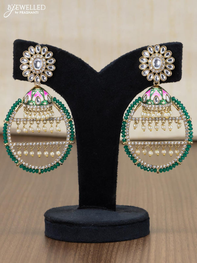 Light weight earrings with kundan stone and green crystal beads - {{ collection.title }} by Prashanti Sarees