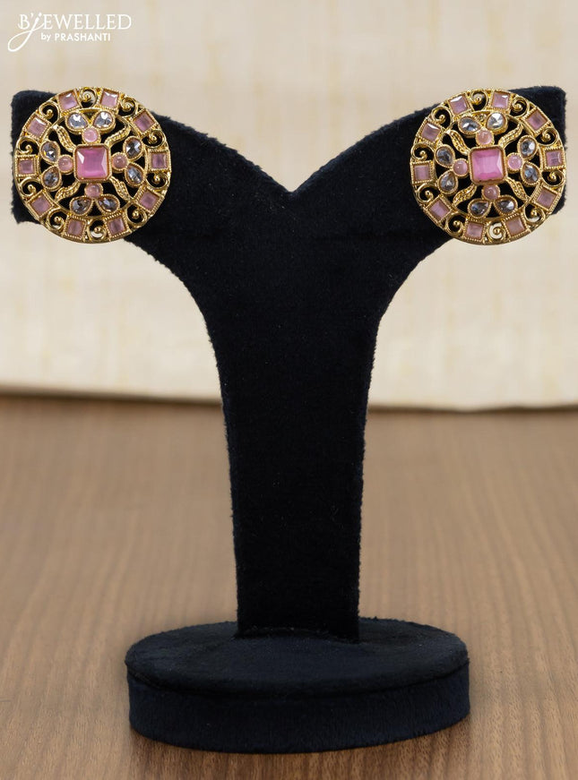 Light weight floral design earrings with cz and baby pink stone - {{ collection.title }} by Prashanti Sarees