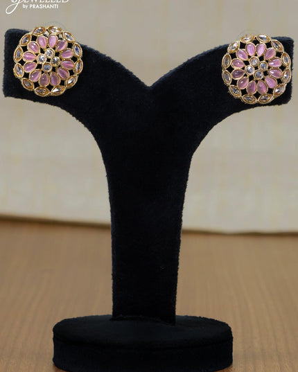 Light weight floral design earrings with cz and baby pink stone - {{ collection.title }} by Prashanti Sarees