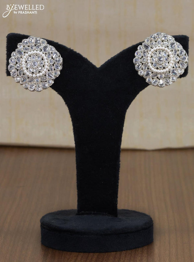 Light weight floral design earrings with white stones and beads in silver finish - {{ collection.title }} by Prashanti Sarees