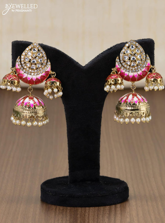 Light weight jhumka with red minakari and pearl hangings - {{ collection.title }} by Prashanti Sarees