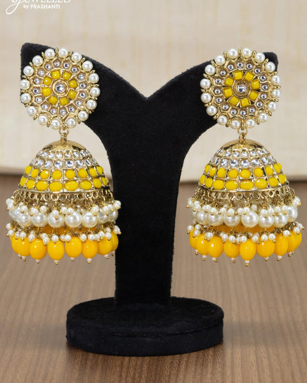 Light weight jhumka yellow and kundan stone with pearl maatal - {{ collection.title }} by Prashanti Sarees
