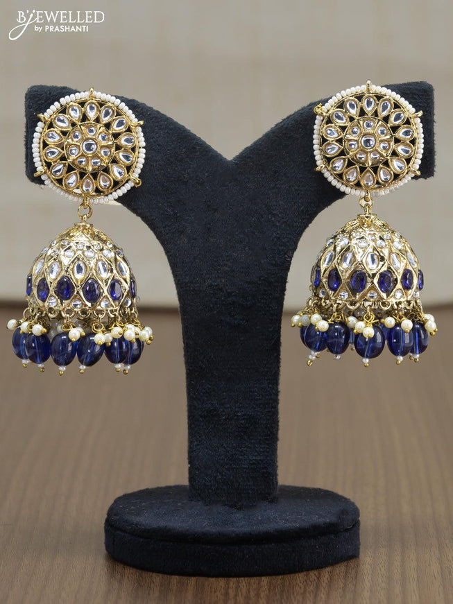 Light weight jhumkas blue and cz stone with beads hangings - {{ collection.title }} by Prashanti Sarees