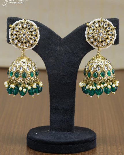 Light weight jhumkas green and cz stone with beads hangings - {{ collection.title }} by Prashanti Sarees