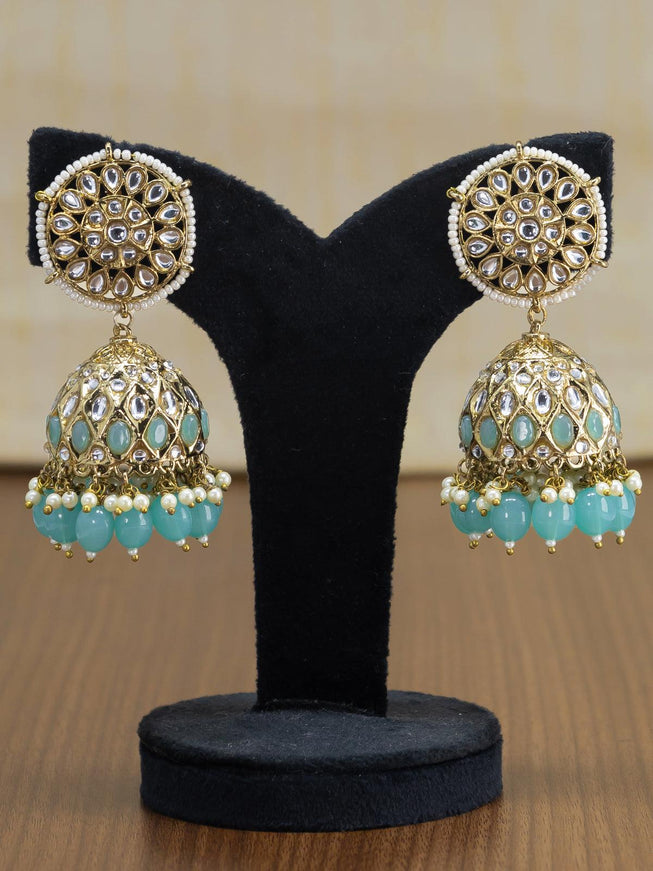 Light weight jhumkas light blue and cz stone with beads hangings - {{ collection.title }} by Prashanti Sarees