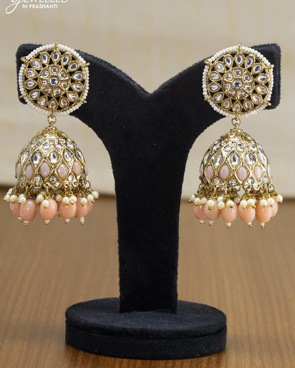 Light weight jhumkas peach and cz stone with beads hangings - {{ collection.title }} by Prashanti Sarees