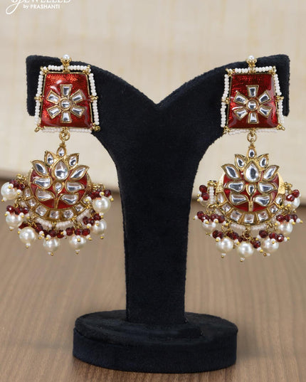 Light weight kundan stone earrings with maroon beads and pearl hangings - {{ collection.title }} by Prashanti Sarees