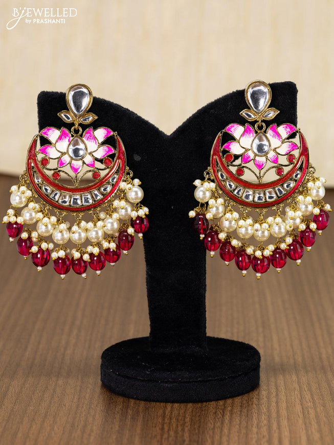 Light weight lotus design pink chandbali earring with pearls and monalisa beads hanging - {{ collection.title }} by Prashanti Sarees