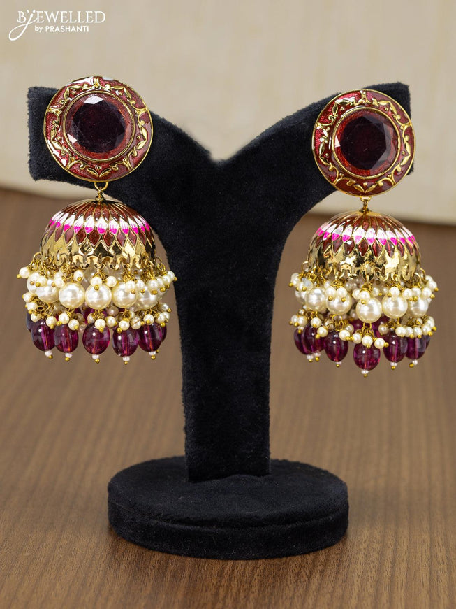 Light weight minakari maroon jhumka with pearl and monalsia beads hanging - {{ collection.title }} by Prashanti Sarees