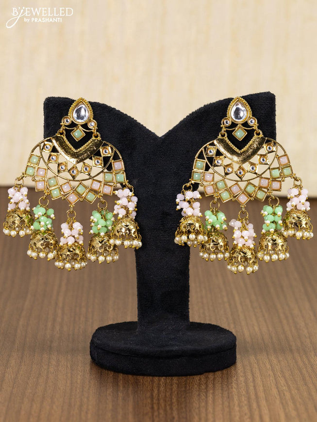 Light weight mint green and pastel pink earring with pearl and beads hanging - {{ collection.title }} by Prashanti Sarees
