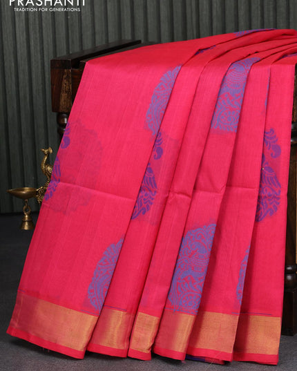 Light weight silk cotton saree pink and blue with thread woven buttas and small zari woven border - {{ collection.title }} by Prashanti Sarees
