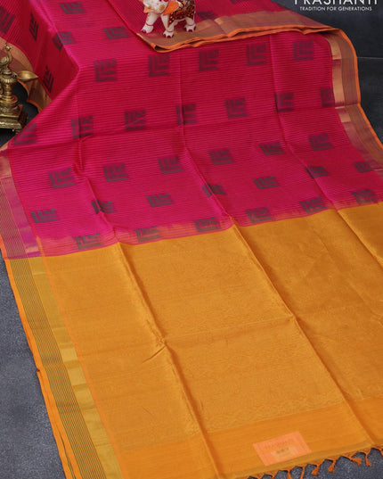 Light weight silk cotton saree pink and mustard yellow with allover thread weaves and zari woven simple border - {{ collection.title }} by Prashanti Sarees