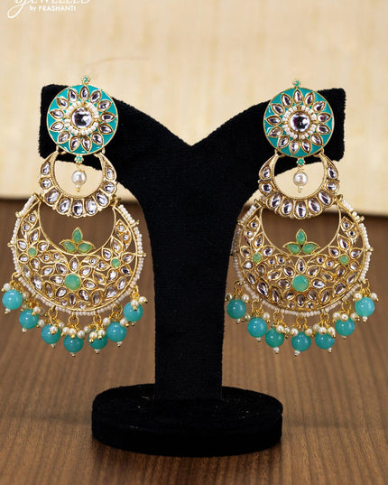 Light weight teal blue chandbali earring with kundan stones and pearl maatal - {{ collection.title }} by Prashanti Sarees