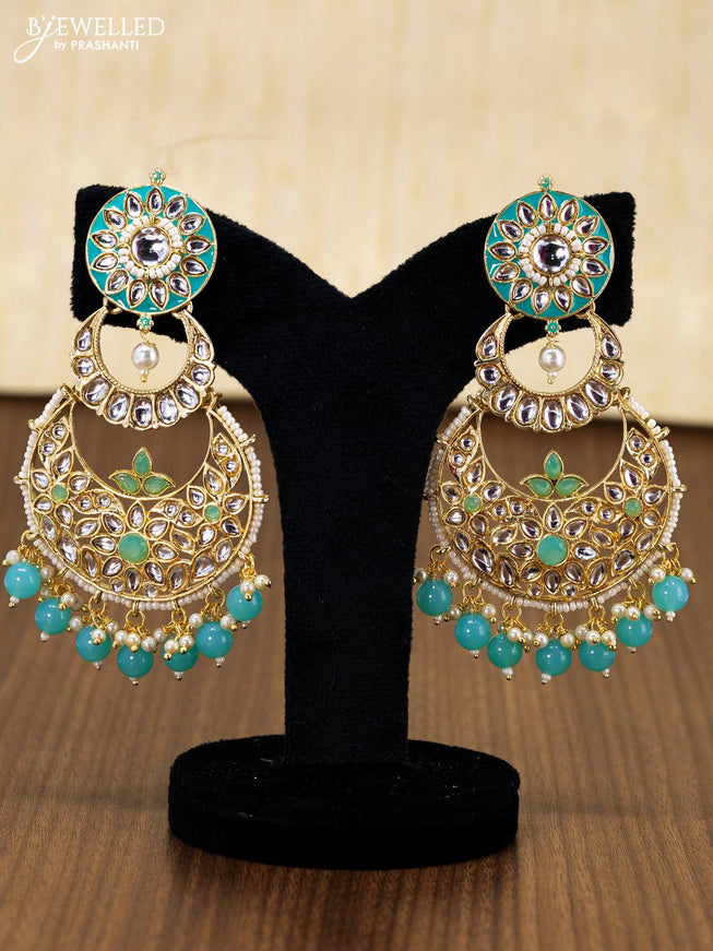 Light weight teal blue chandbali earring with kundan stones and pearl maatal - {{ collection.title }} by Prashanti Sarees