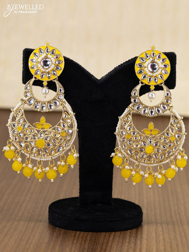 Light weight yellow chandbali earring with kundan stones and pearl maatal - {{ collection.title }} by Prashanti Sarees
