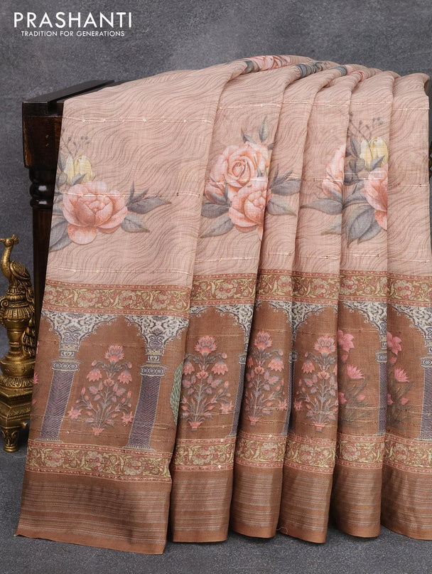 Linen cotton saree beige and brown with allover floral digital prints & sequin work and silver zari woven border - {{ collection.title }} by Prashanti Sarees
