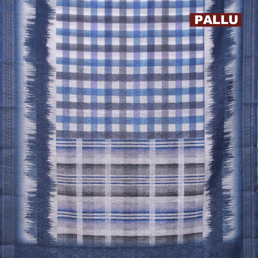 Linen cotton saree blue and off white with allover checked pattern and silver zari woven border - {{ collection.title }} by Prashanti Sarees