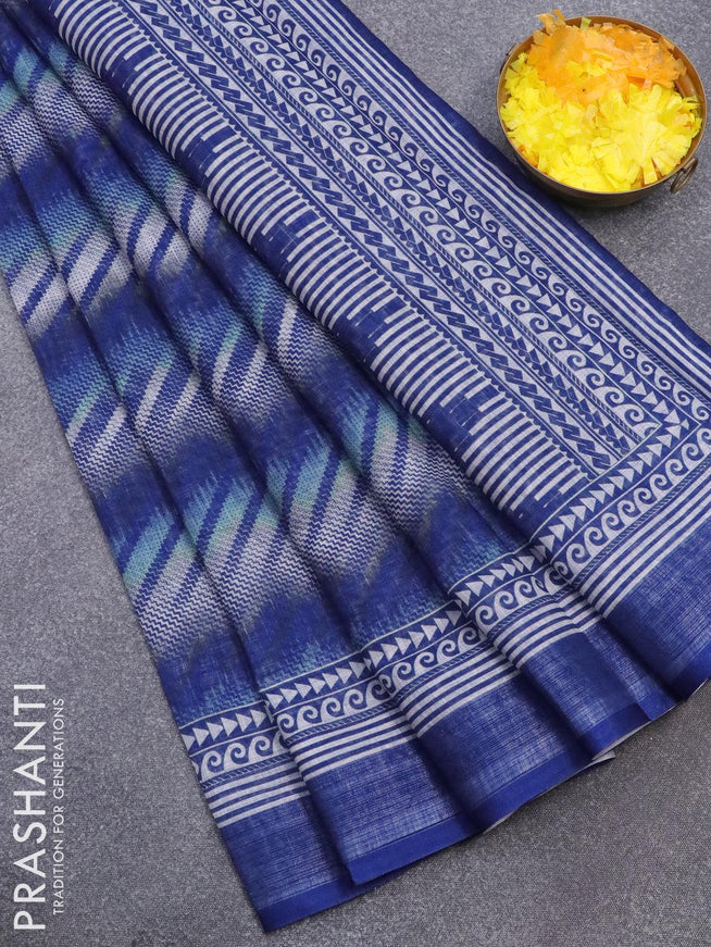 Linen cotton saree blue shade with allover prints and silver zari woven border - {{ collection.title }} by Prashanti Sarees