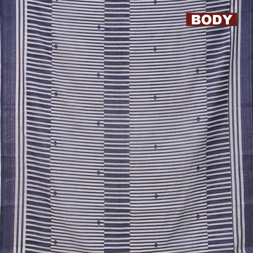 Linen cotton saree dark blue and off white with allover stripes pattern and silver zari woven border - {{ collection.title }} by Prashanti Sarees