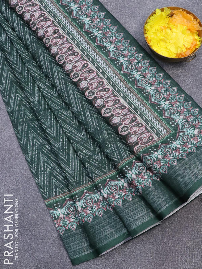 Linen cotton saree dark green with allover prints and silver zari woven border - {{ collection.title }} by Prashanti Sarees
