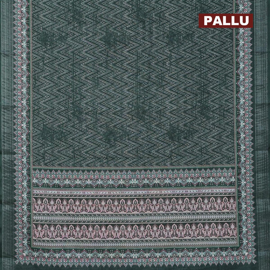Linen cotton saree dark green with allover prints and silver zari woven border - {{ collection.title }} by Prashanti Sarees