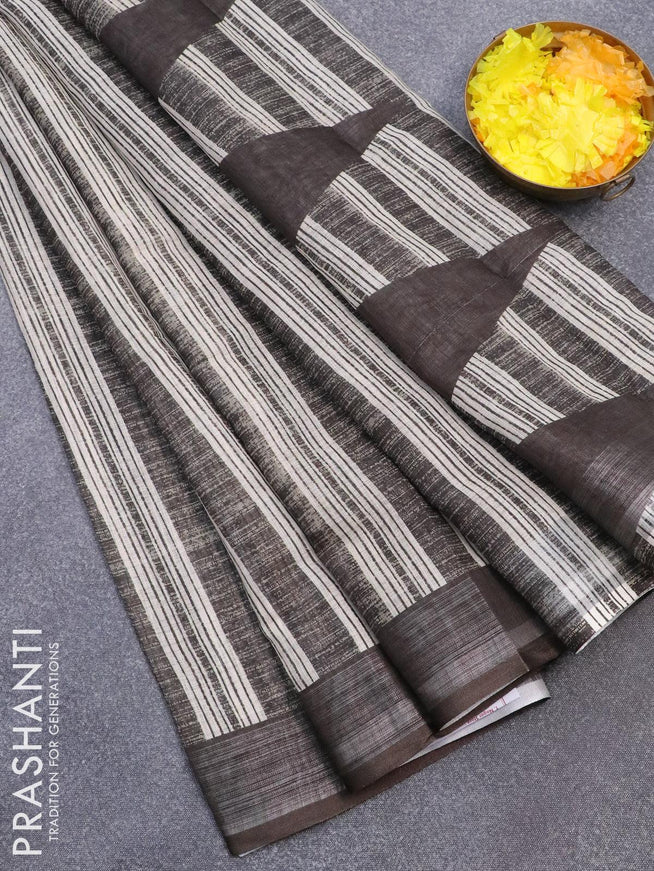 Linen cotton saree dark grey and cream with allover prints and silver zari woven border - {{ collection.title }} by Prashanti Sarees
